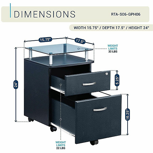 Techni Mobili Rolling Glass-Top Filing Cabinet 15.7" Width x 17.5" Depth x 24" Height - 1 x Shelf(ves) - 2 x Drawer(s) for File - 74 lb Load Capacity - Locking Drawer, Locking Mechanism, Moisture Resistant, Scratch Resistant, Durable, Mobility  (S06GPH06)