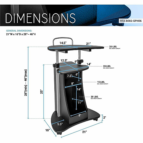 Techni Mobili Sit-to-Stand Rolling Laptop Cart 75 lb Load Capacity - 4 Casters - Medium Density Fiberboard (MDF), Polyvinyl Chloride (PVC), Laminate, Veneer - 21" Width x 16" Depth x 46" Height - Steel Frame - Graphite - 1 Each (B002GPH06)