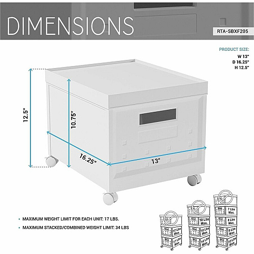 Techni Mobili Stackable Rolling File Boxes External Dimensions: 13" Width x 16.3" Depth x 12.5" Height - 34 lb - Media Size Supported: Letter - Lid, Lift-off Closure - Standard Duty - Stackable - Plastic, Polypropylene - White - For File, Storag (SBXF205)
