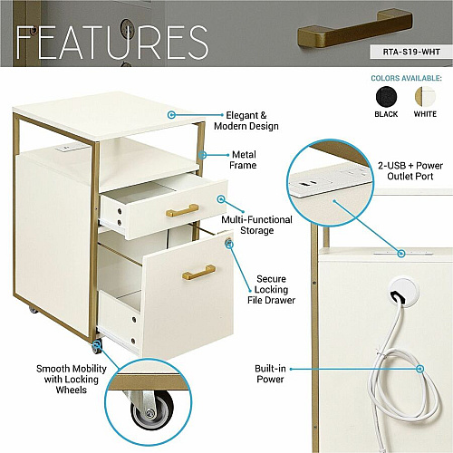 Techni Mobili Modern Rolling Filing Cabinet 15.7" Width x 15.7" Depth x 26" Height - 2 x Drawer(s) for File, Document - Letter - 198 lb Load Capacity - Locking Drawer, USB Interface, Power Outlet, Wheels, Locking Casters, Mobility, Concealed Outl (S19WHT)