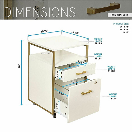 Techni Mobili Modern Rolling Filing Cabinet 15.7" Width x 15.7" Depth x 26" Height - 2 x Drawer(s) for File, Document - Letter - 198 lb Load Capacity - Locking Drawer, USB Interface, Power Outlet, Wheels, Locking Casters, Mobility, Concealed Outl (S19WHT)