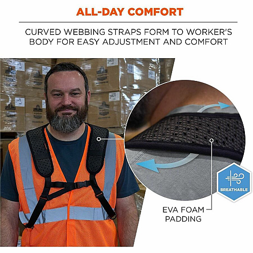 Ergodyne Squids 3142 Padded Shoulder Barcode Scanner Harness & Lanyard Adjustable - Extra Large (XL) - Hook & Loop Attachment - Black - 1 / Each (19253)