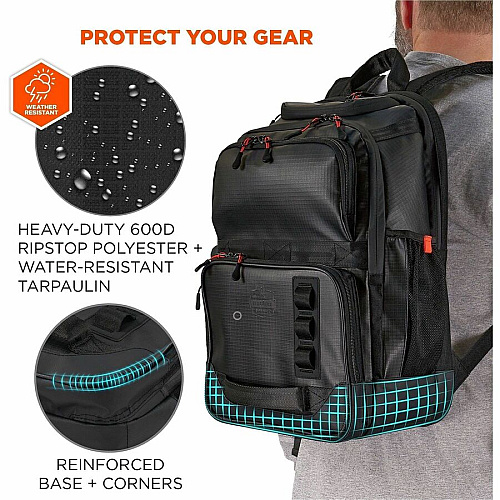 Ergodyne Arsenal Carrying Case (Backpack) for 16" Notebook - Black Water Resistant, Heat Resistant, Water Resistant Exterior - Tarpaulin, 600D Ripstop Polyester, Mesh Fabric Body - Tarpaulin Exterior Material - Shoulder Strap, Handle, Trolley Stra (13046)