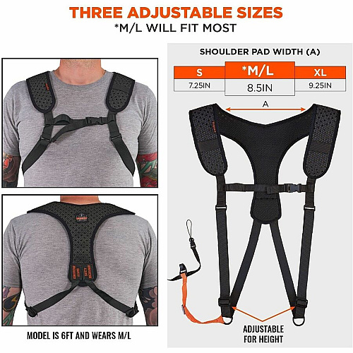 Ergodyne Squids 3142 Padded Shoulder Barcode Scanner Harness & Lanyard Adjustable - Small (S) - Hook & Loop Attachment - Black - 1 / Each (19251)