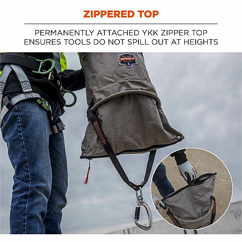 Ergodyne Arsenal Carrying Case Rugged (Bucket) Tools - Gray Drop Resistant, Spill Resistant, Tangle Resistant, Rust Resistant - 1200D Nylon, Synthetic Leather, Tarpaulin, Nickel Body - D-ring, Carabiner Clip, Handle - 17" Height x 12.5" Diameter - (15977)