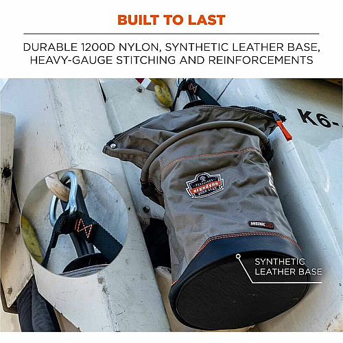 Ergodyne Arsenal Carrying Case Rugged (Bucket) Tools - Gray Drop Resistant, Spill Resistant, Tangle Resistant, Rust Resistant - 1200D Nylon, Synthetic Leather, Tarpaulin, Nickel Body - D-ring, Carabiner Clip, Handle - 17" Height x 12.5" Diameter - (15977)
