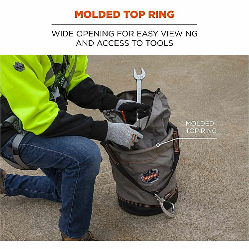 Ergodyne Arsenal Carrying Case Rugged (Bucket) Tools - Gray Drop Resistant, Spill Resistant, Tangle Resistant, Rust Resistant - 1200D Nylon, Synthetic Leather, Tarpaulin, Nickel Body - D-ring, Carabiner Clip, Handle - 17" Height x 12.5" Diameter - (15977)