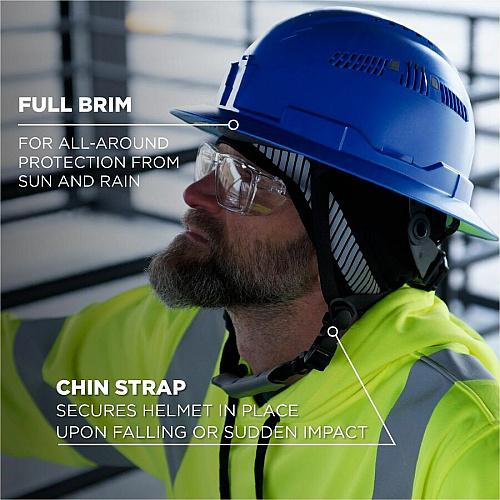 Ergodyne Skullerz 8964-MIPS Type 2 Full-Brim Safety Helmet Recommended for: Construction, Utility, Oil & Gas, Forestry, Mining, General Purpose - Head, Impact, Sun, Rain Protection - Expanded Polystyrene Foam (EPS) - Blue - Adjustable Ratchet, Rat (60613)