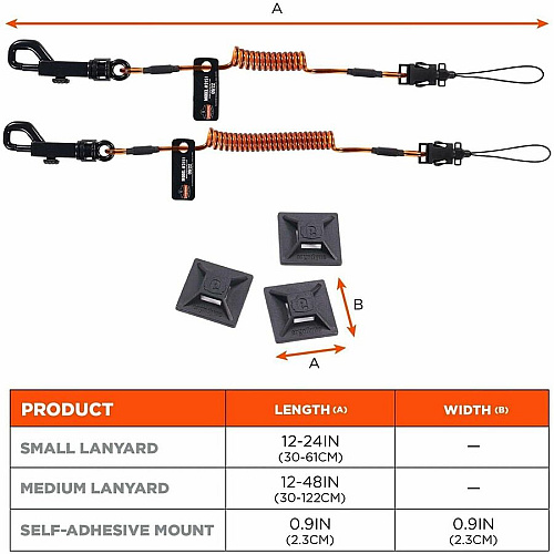 Ergodyne Squids 3151 Coil Lanyard with Mini Adhesive Mounts 2 lb Load Capacity - Small (S) - Hook & Loop Attachment - Black, Orange - 1 / Each (19260)