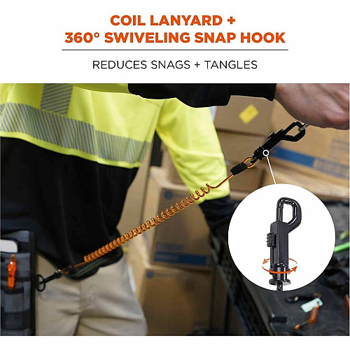 Ergodyne Squids 3152 Coil Lanyard 2 lb Load Capacity - Medium (M) - Hook Attachment - Black, Orange - 3 Pack (19262)