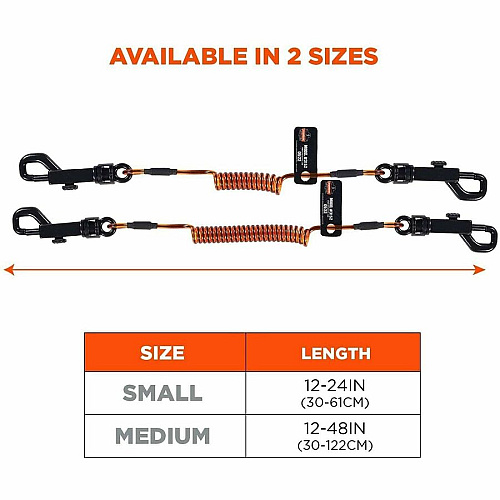 Ergodyne Squids 3152 Coil Lanyard 2 lb Load Capacity - Small (S) - Hook Attachment - Black, Orange - 3 Pack (19261)