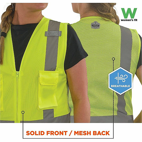 Ergodyne GloWear 8247ZW-S Womens Hi-Vis Surveyor Vest Small - Zipper Closure - 4 Pocket(s) - Polyester, Polyester Mesh - Lime - High Visibility, Zipper Closure, Reflective, Comfortable, Long Lasting, Pocket, Machine Washable, Mesh Back, Reflective (22462)