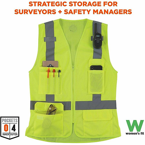 Ergodyne GloWear 8247ZW-S Womens Hi-Vis Surveyor Vest Small - Zipper Closure - 4 Pocket(s) - Polyester, Polyester Mesh - Lime - High Visibility, Zipper Closure, Reflective, Comfortable, Long Lasting, Pocket, Machine Washable, Mesh Back, Reflective (22462)