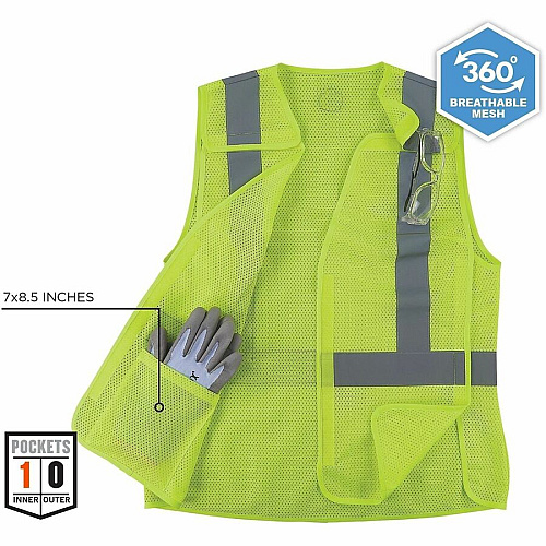 Ergodyne GloWear 8215BAW-S Womens Mesh Hi-Vis Safety Vest Recommended for: Construction, Baggage Handling - Small - Hook & Loop Closure - 1 Pocket(s) - Polyester Mesh - Lime - High Visibility, Hook & Loop, Reflective, Comfortable, Hook & Loop Clos (22442)