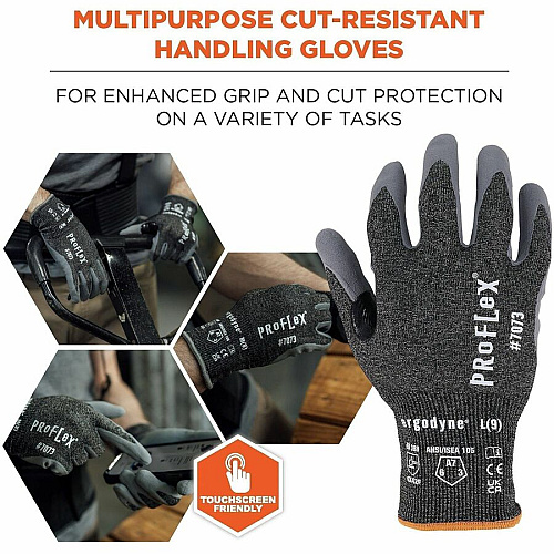 Ergodyne ProFlex 7073 Nitrile Coated Cut-Resistant Gloves Cut, Abrasion Protection - Sandy Nitrile Coating - 9 Size Number - Large Size - Unisex - Gray - Touchscreen Capable - Cut Resistant, Abrasion Resistant, Breathable, Lightweight, Flexible, P (10504)