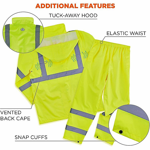 Ergodyne GloWear 8376K Hi-Vis Rain Suit Kits Recommended for: Construction, Utility, Emergency, Airline Crew, Railway Worker, Survey Crew - Small - Wind, Water, Rain Protection - Snap/Zipper Closure - 3 Pocket(s) - Polyester, Mesh, 150D Oxford Pol (25432)