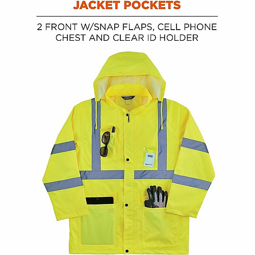 Ergodyne GloWear 8376K Hi-Vis Rain Suit Kits Recommended for: Construction, Utility, Emergency, Airline Crew, Railway Worker, Survey Crew - 5XL - Wind, Water, Rain Protection - Snap/Zipper Closure - 3 Pocket(s) - Polyester, Mesh, 150D Oxford Polye (25439)