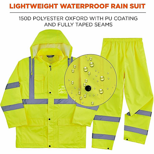 Ergodyne GloWear 8376K Hi-Vis Rain Suit Kits Recommended for: Construction, Utility, Emergency, Airline Crew, Railway Worker, Survey Crew - 3XL - Wind, Water, Rain Protection - Snap/Zipper Closure - 3 Pocket(s) - Polyester, Mesh, 150D Oxford Polye (25437)