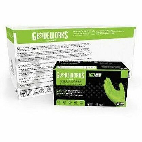 GloveWorks by AMMEX Gloveworks Industrial RDT Powder-Free Nitrile Gloves 8 mil Thickness x 9.45" Glove Length - Chemical Protection - Polymer Coating - Small Size - For Right/Left Hand - Raised Diamond Texture - Nitrile - Green - Touchscreen C (GWGN42100)
