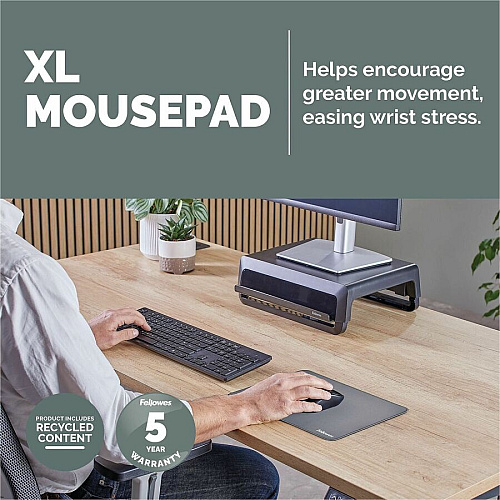 Fellowes Breyta XL Mousepad - Gray 0.09" Height x 11.02" Width x 8.26" Depth - Gray - Rubber - Fray Resistant, Anti-slip, Spill Resistant, Dust Resistant - Extra Large - Mouse - Retail - 1 / Pack (100145423)