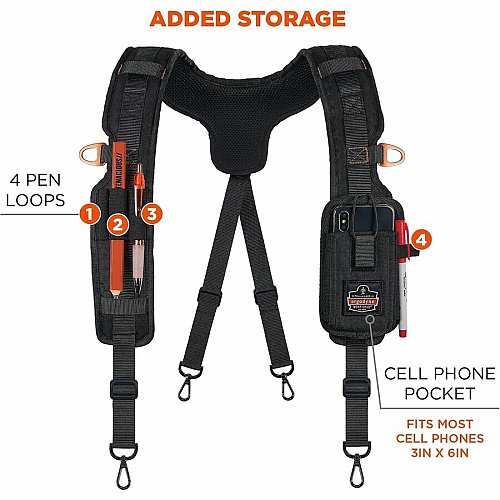 Ergodyne Arsenal 5566 Tool Belt Suspenders - Tool Tethering Attachment Point Adjustable - 5.07 lb Load Capacity - Extra Large (XL)/Extra Extra Large (XXL) - Clip Attachment - Black - Polyester - 1 / Each (13566)