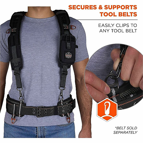 Ergodyne Arsenal 5566 Tool Belt Suspenders - Tool Tethering Attachment Point Adjustable - 5.07 lb Load Capacity - Extra Small (XS)/Large (L) - Clip Attachment - Black - Polyester - 1 / Each (13564)