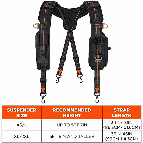 Ergodyne Arsenal 5566 Tool Belt Suspenders - Tool Tethering Attachment Point Adjustable - 5.07 lb Load Capacity - Extra Small (XS)/Large (L) - Clip Attachment - Black - Polyester - 1 / Each (13564)