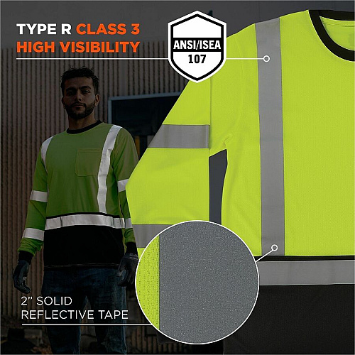 Ergodyne GloWear 8369BK Essential Hi-Vis Long Sleeve T-Shirt Large Size - Unisex - Polyester, Fabric - Black, Lime (22204)