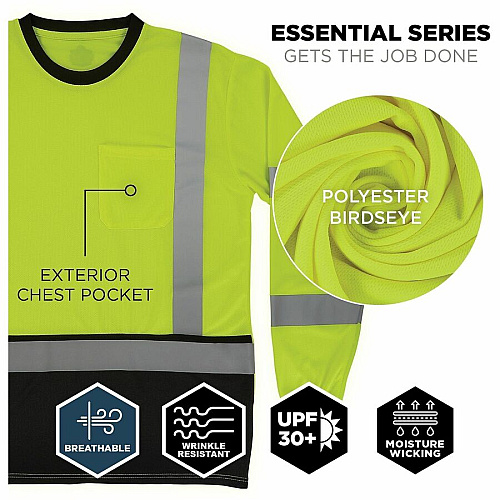 Ergodyne GloWear 8369BK Essential Hi-Vis Long Sleeve T-Shirt Large Size - Unisex - Polyester, Fabric - Black, Lime (22204)