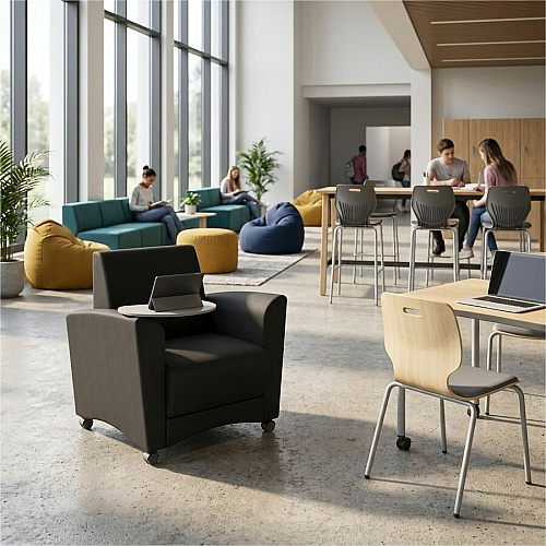 Learniture Shapes Series II Common Area Chair w/Tablet Arm Foam, Vinyl, Polyurethane Seat Material - Wood Frame Material - Black Smooth Grain - Armrest (LNT1601BKCS)