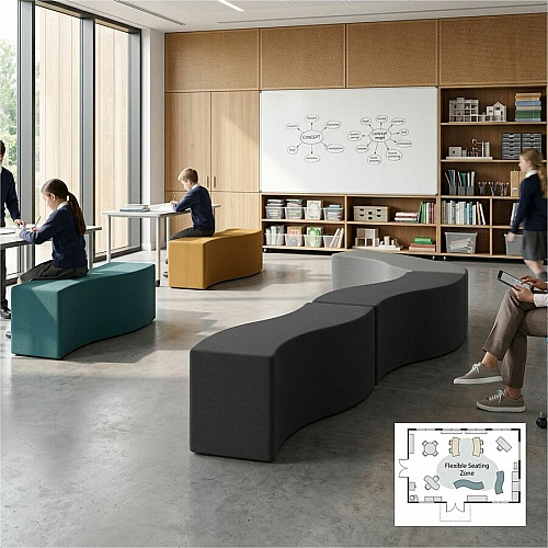 Learniture Shapes Series II Soft Seating Wave Bench Vinyl Seat Material - Engineered Wood Frame Material - Black Smooth Grain - Foam (LNT1076BK)