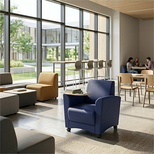 Learniture Shapes Series II Common Area Chair w/Tablet Arm Foam, Vinyl, Polyurethane Seat Material - Wood Frame Material - Navy Smooth Grain - Armrest (LNT1601266MP)