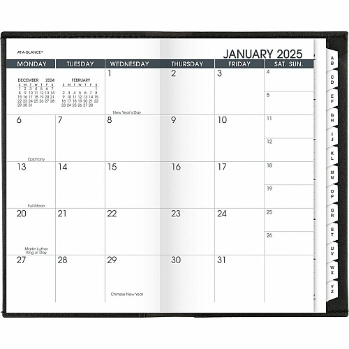 At-A-Glance Monthly Planner, Black, Pocket, 3 1/2" x 6" Monthly - 13 Month - January 2026 to January 2027 - 1 Month Double Page Layout - 3 1/2" x 6 1/8" Sheet Size - Black - Simulated Leather, Faux Leather - Pocket, Phone Directory, Unruled Dail (7006405)