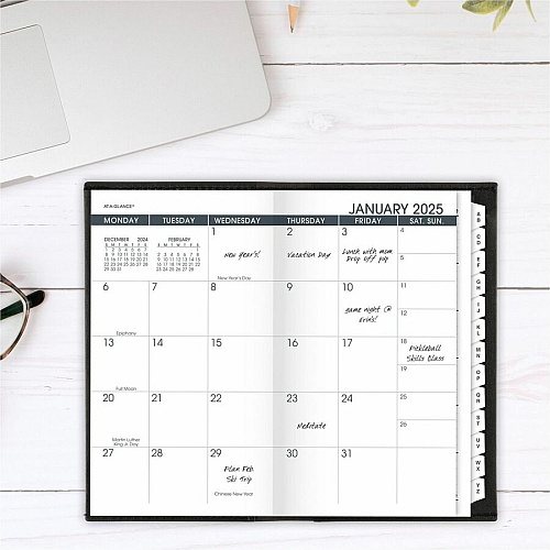 At-A-Glance Monthly Planner, Black, Pocket, 3 1/2" x 6" Monthly - 13 Month - January 2026 to January 2027 - 1 Month Double Page Layout - 3 1/2" x 6 1/8" Sheet Size - Black - Simulated Leather, Faux Leather - Pocket, Phone Directory, Unruled Dail (7006405)