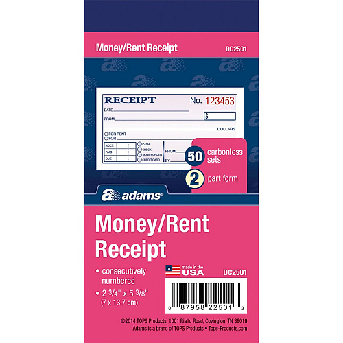 Adams Money/rent Receipt Books 50 Sheet(s) - Tape Bound - 2 Part - 2.75" x 5.37" Form Size - White - Assorted Sheet(s) - 1 Each (DC2501)