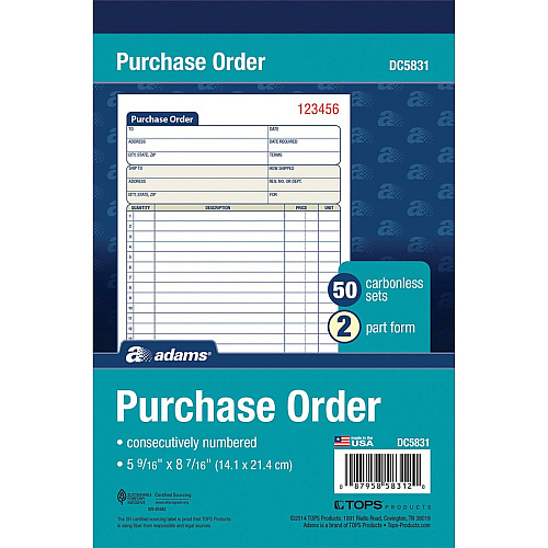 Adams Carbonless Purchase Order Statement Tape Bound - 2 Part - Carbonless Copy - 5.56" x 8.43" Sheet Size - 2 x Holes - White, Canary - Assorted Sheet(s) - 1 Each (DC5831)