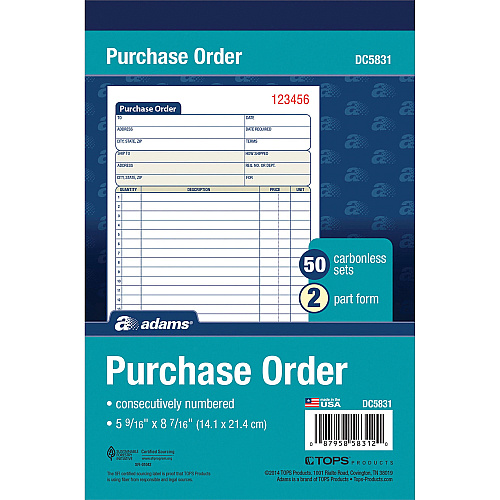 Adams Carbonless Purchase Order Statement Tape Bound - 2 Part - Carbonless Copy - 5.56" x 8.43" Sheet Size - 2 x Holes - White, Canary - Assorted Sheet(s) - 1 Each (DC5831)