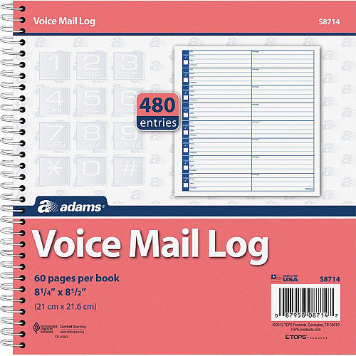 Adams Voice Mail Log Book 60 Sheet(s) - Spiral Bound - 7.50" x 8.50" Sheet Size - 2 / Pack (S8714)
