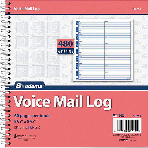 Adams Voice Mail Log Book 60 Sheet(s) - Spiral Bound - 7.50" x 8.50" Sheet Size - 2 / Pack (S8714)