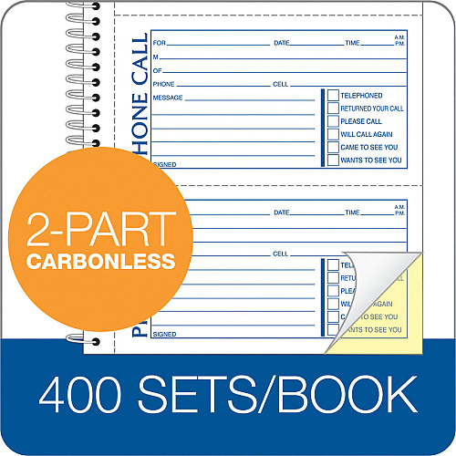 Adams Spiral Bound Phone Message Books 400 Sheet(s) - Spiral Bound - 2 Part - 5.25" x 11" Sheet Size - Assorted Sheet(s) - Recycled - 1 Each (SC1154D)