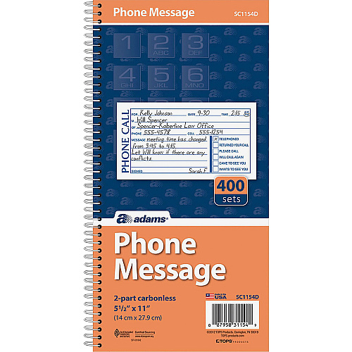 Adams Spiral Bound Phone Message Books 400 Sheet(s) - Spiral Bound - 2 Part - 5.25" x 11" Sheet Size - Assorted Sheet(s) - Recycled - 1 Each (SC1154D)
