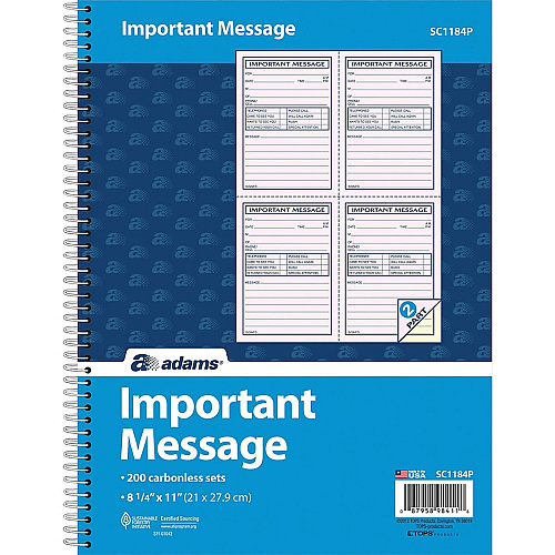 Adams Carbonless Important Message Pad 200 Sheet(s) - Spiral Bound - 2 Part - Carbonless Copy - 8.50" x 11" Sheet Size - Assorted Sheet(s) - 1 Each (SC1184P)