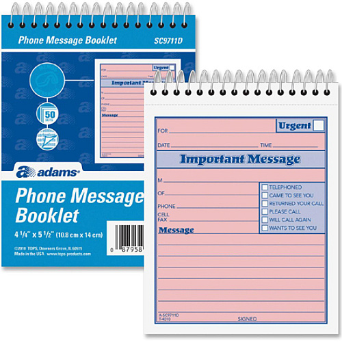 Adams Spiral-bound Phone Message Booklet 50 Sheet(s) - Spiral Bound - 4" x 5.50" Sheet Size - 1 Each (SC9711D)