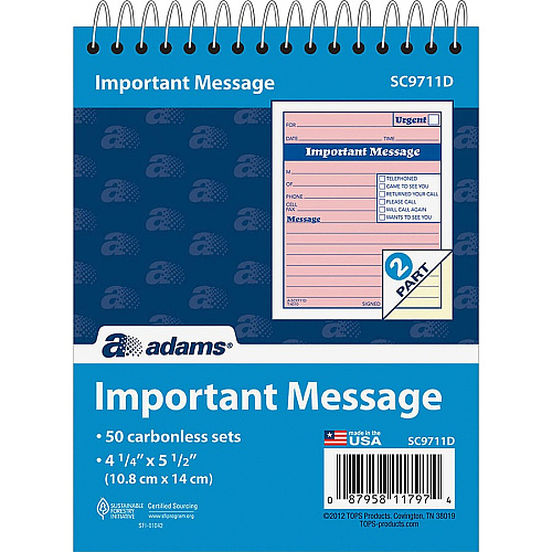 Adams Spiral-bound Phone Message Booklet 50 Sheet(s) - Spiral Bound - 4" x 5.50" Sheet Size - 1 Each (SC9711D)