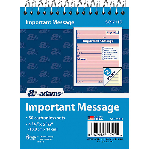 Adams Spiral-bound Phone Message Booklet 50 Sheet(s) - Spiral Bound - 4" x 5.50" Sheet Size - 1 Each (SC9711D)