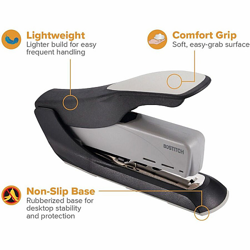 Bostitch Spring-Powered Antimicrobial Heavy Duty Stapler Staples Upto 60 Sheet - Staple Size: 0.31" , 0.38" - 2.62" Throat Depth - Black, Gray - Steel, Rubber, Plastic - 1 Each (1200)