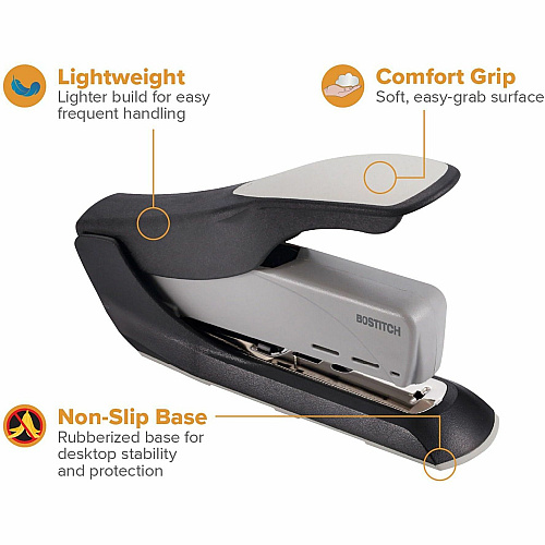 Bostitch Spring-Powered Antimicrobial Heavy Duty Stapler Staples Upto 60 Sheet - Staple Size: 0.31" , 0.38" - 2.62" Throat Depth - Black, Gray - Steel, Rubber, Plastic - 1 Each (1200)
