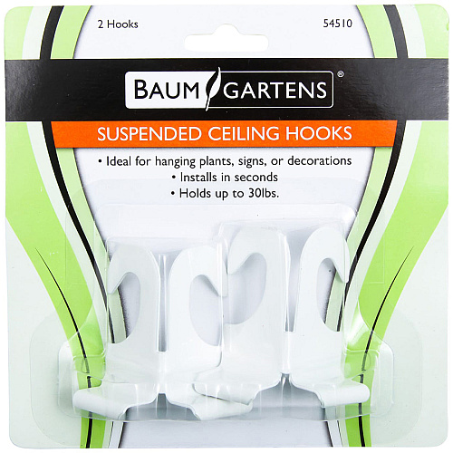 Baumgartens Suspended Ceiling Hooks 30 lb (13.61 kg) Capacity - Durable - 2" Size - for Plant, Sign, Decoration, Office, Classroom, Garage, Home, Cell Phone - White - 2 / Pack (54510)