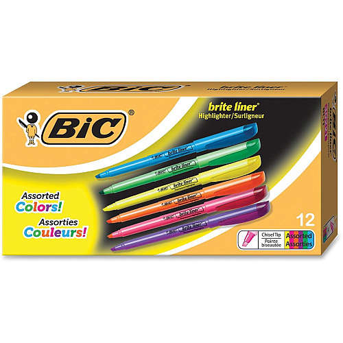 BIC Brite Liner Highlighter, Assorted, 12 Pack Chisel Marker Point - Fluorescent Assorted Ink - 12 / Box (BL11AST)