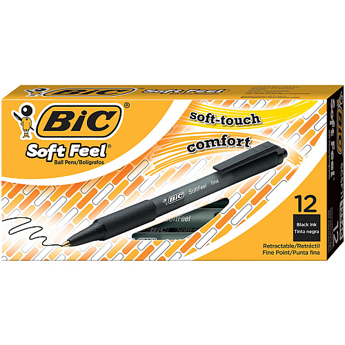 BIC SoftFeel Retractable Ball Pens Fine Pen Point - Retractable - Black Ink - Black Rubber Barrel - 1 Dozen (SCSF11BK)